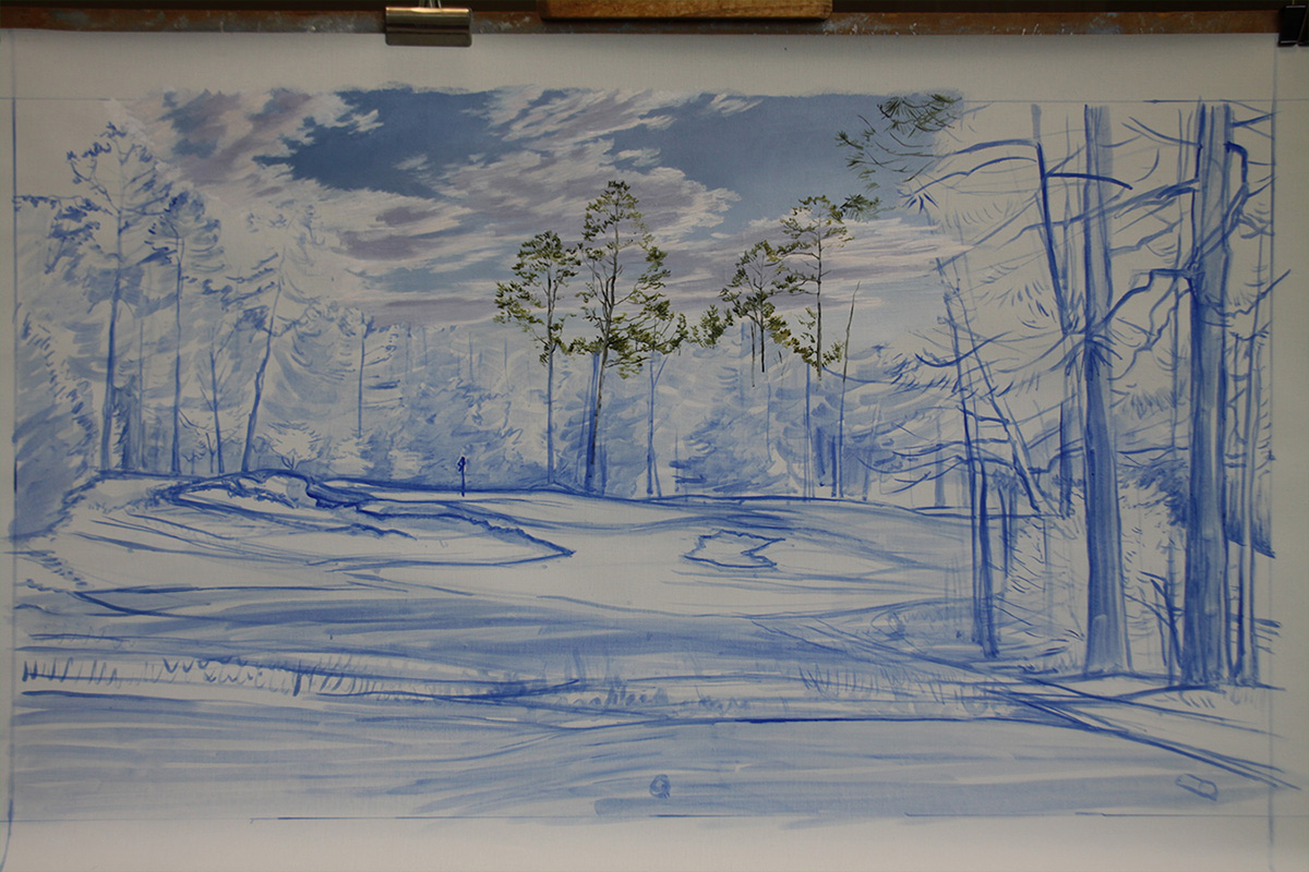 A work-in-progress painting of the 5th hole at Pinehurst, 2014 US Open Championship by renowned Hilton Head Island artist Linda Hartough
