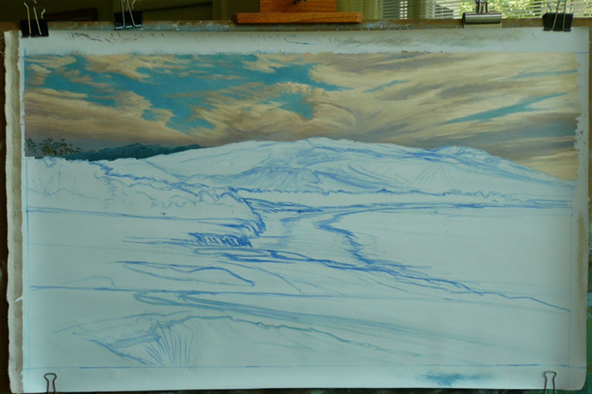 A work-in-progress painting of the 9th hole at Pebble Beach, 2010 US Open Championship by renowned Hilton Head Island artist Linda Hartough