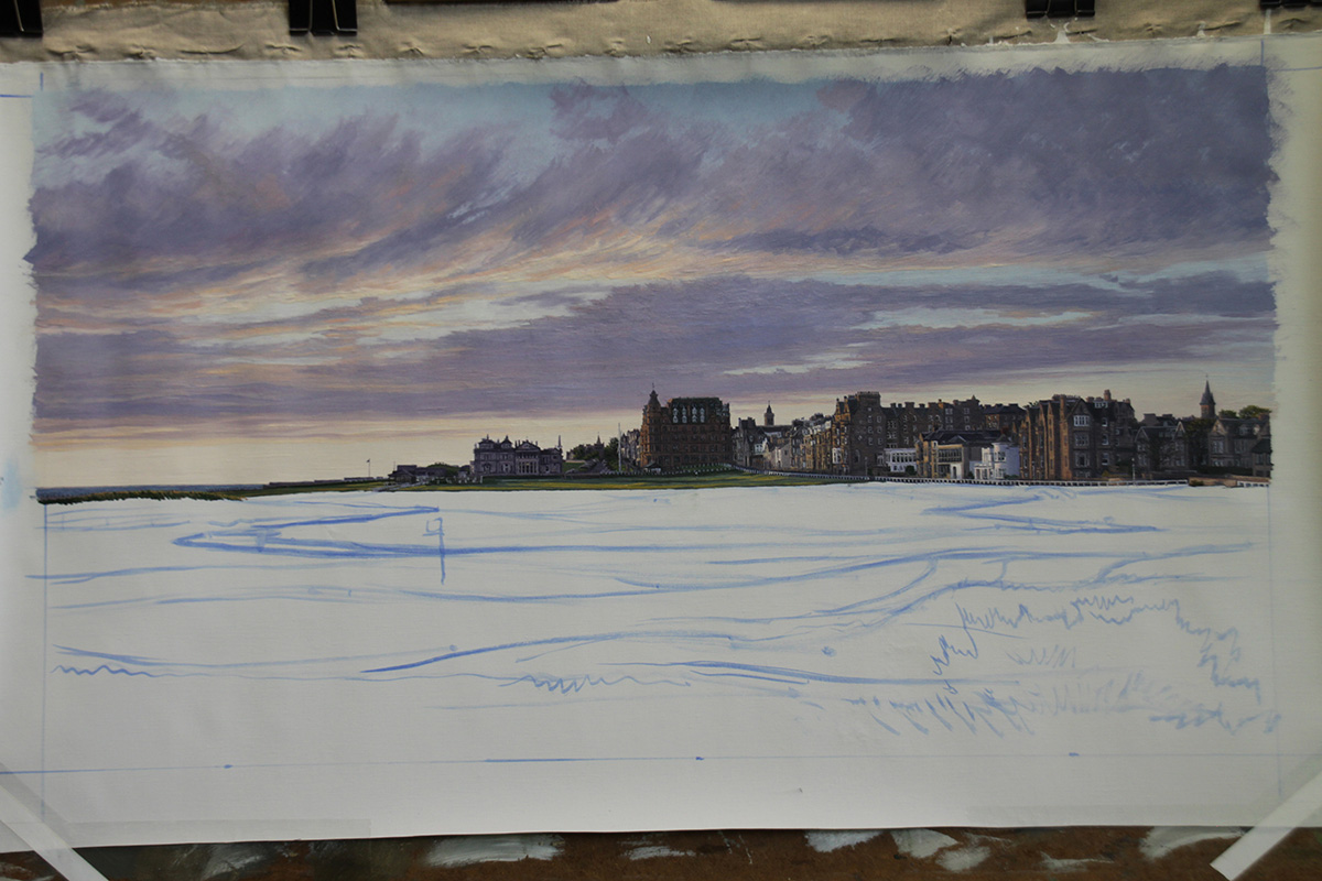 A work-in-progress painting of the 1st hole at St Andrews (Old Course) by renowned Hilton Head Island artist Linda Hartough