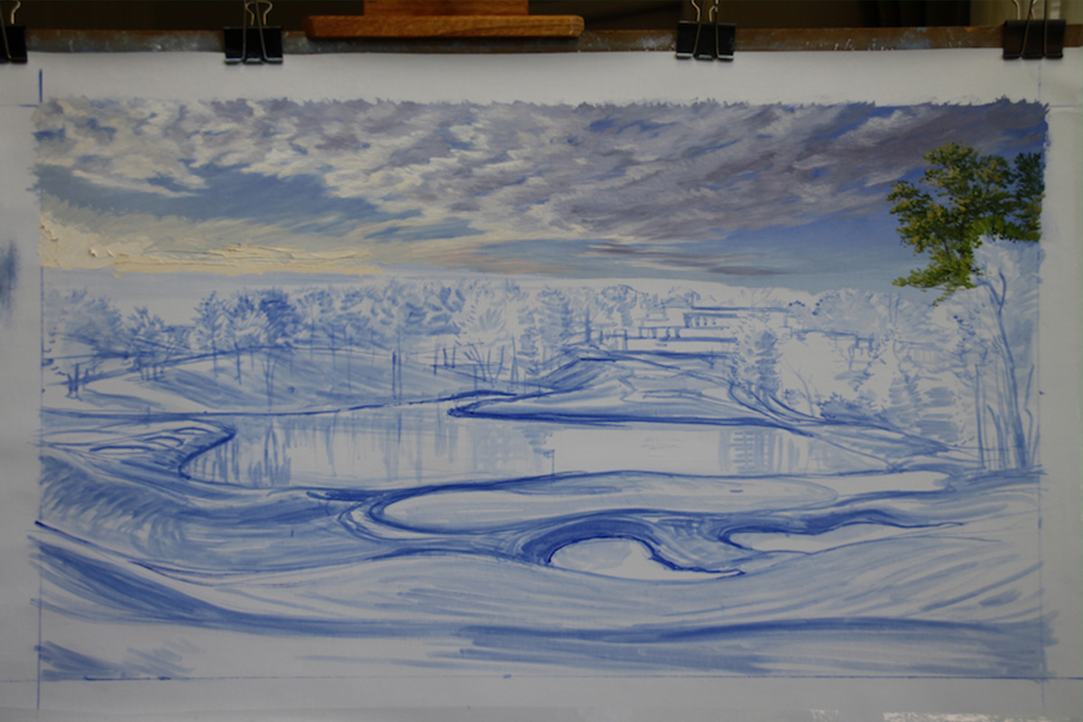 A work-in-progress painting of the 10th hole at Congressional, 2011 US Open Championship by renowned Hilton Head Island artist Linda Hartough
