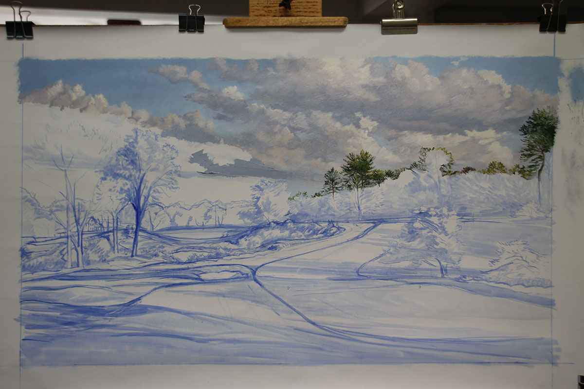 A work-in-progress painting of the 16th hole at Merion, 2013 US Open Championship by renowned Hilton Head Island artist Linda Hartough