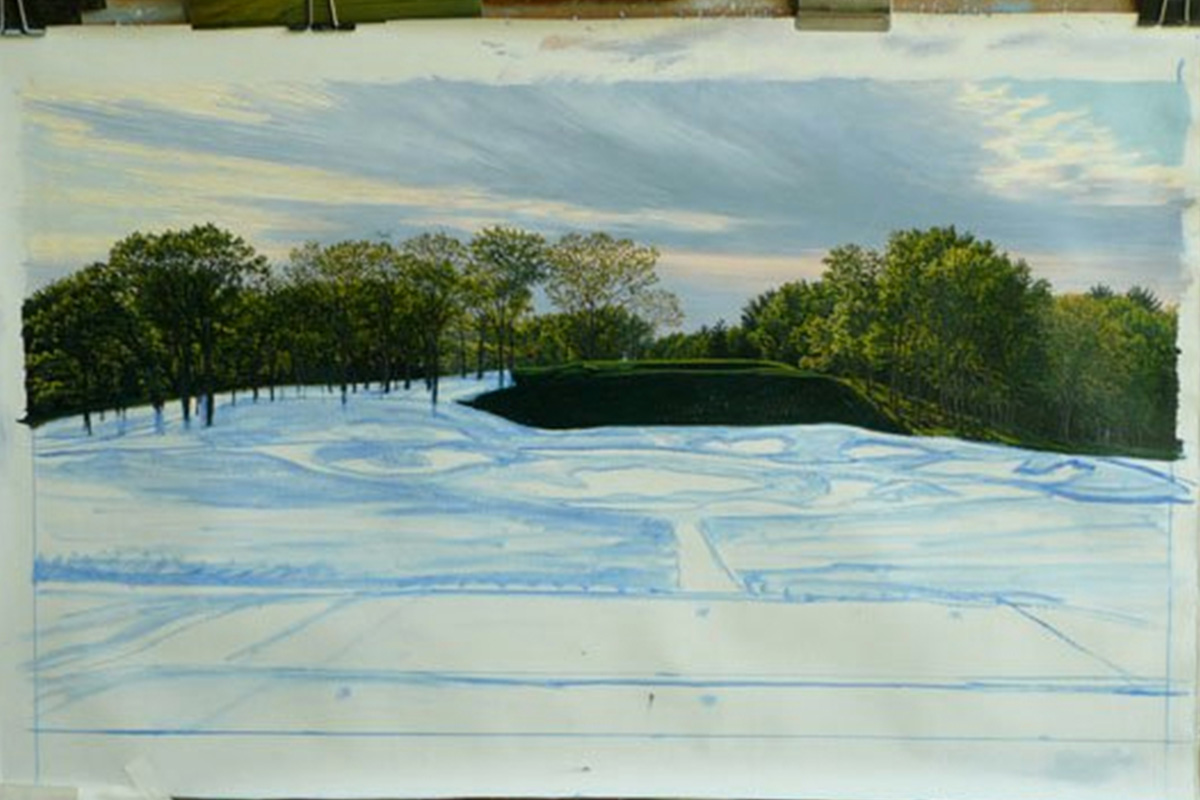 A work-in-progress painting of the 17th hole at Bethpage, 2009 US Open Championship by renowned Hilton Head Island artist Linda Hartough