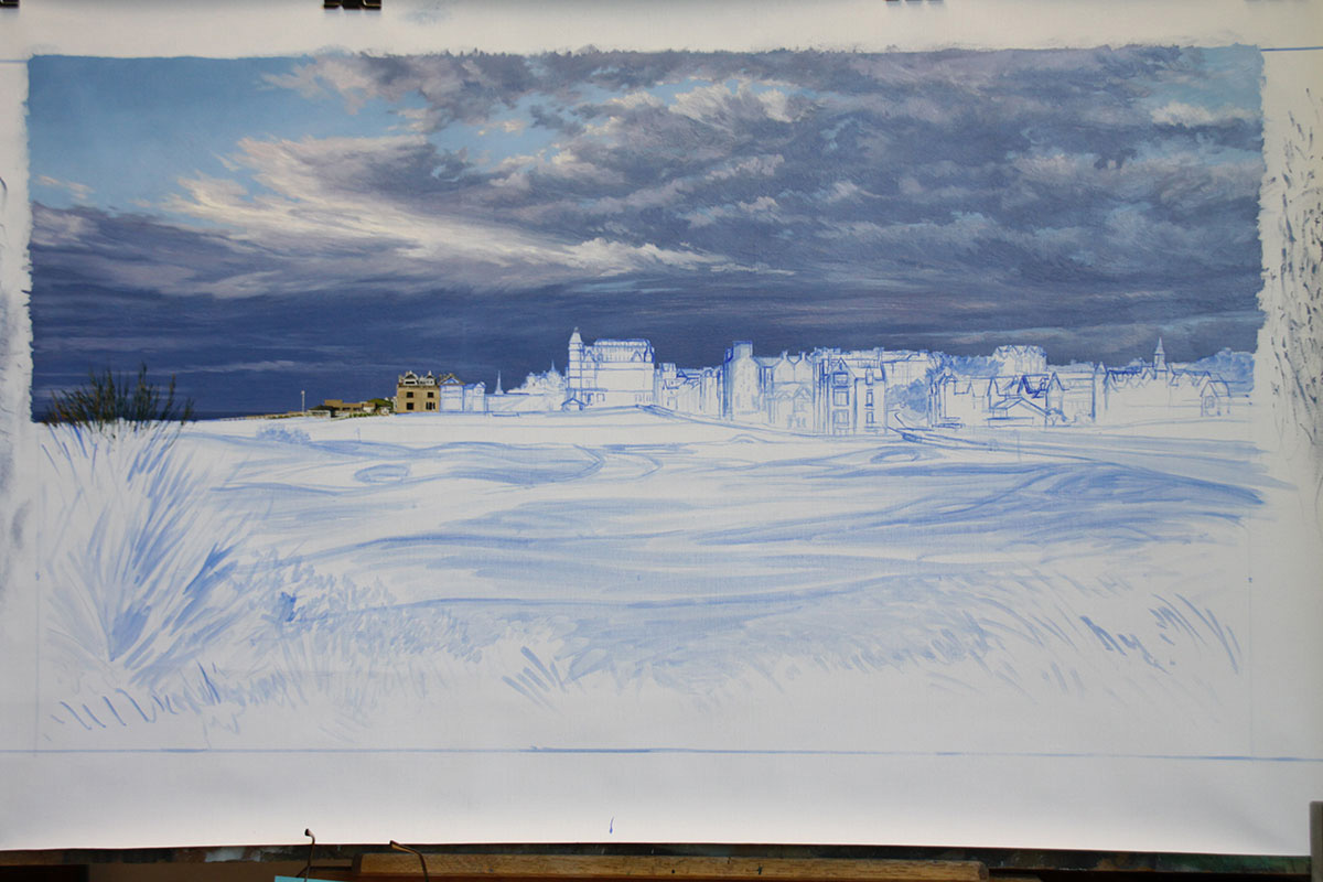 A work-in-progress painting of the 17th hole at Road Hole, St Andrews by renowned Hilton Head Island artist Linda Hartough