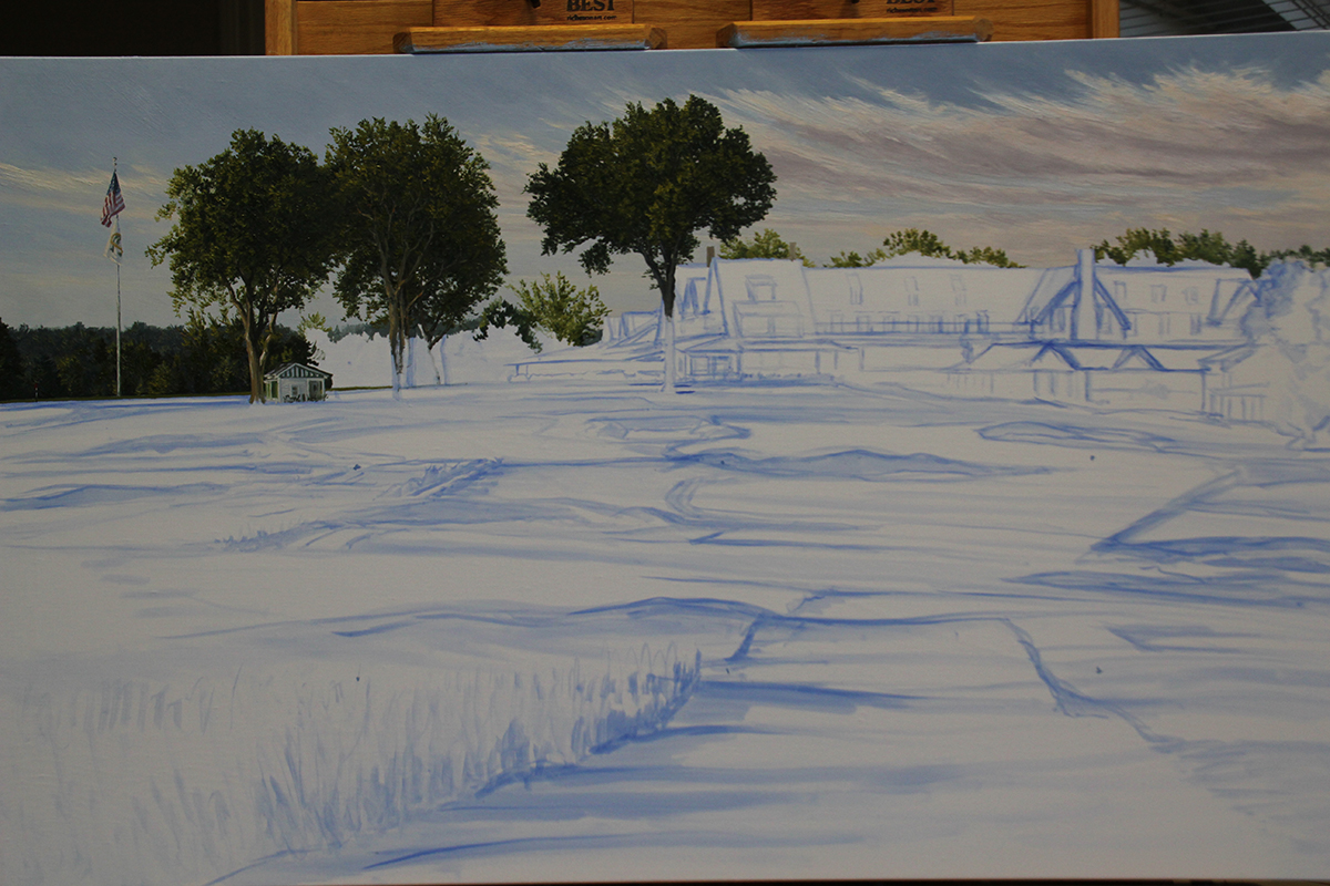 A work-in-progress painting of the 18th hole at Oakmont Country Club by renowned Hilton Head Island artist Linda Hartough