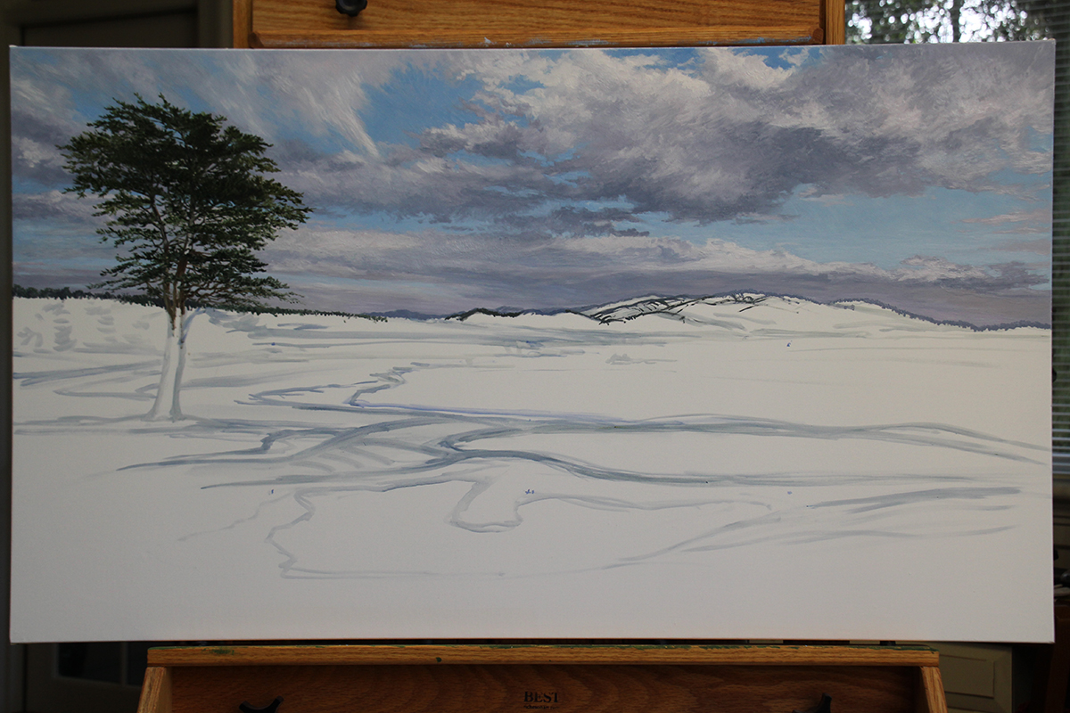 A work-in-progress painting of the 18th hole at Pebble Beach by renowned Hilton Head Island artist Linda Hartough
