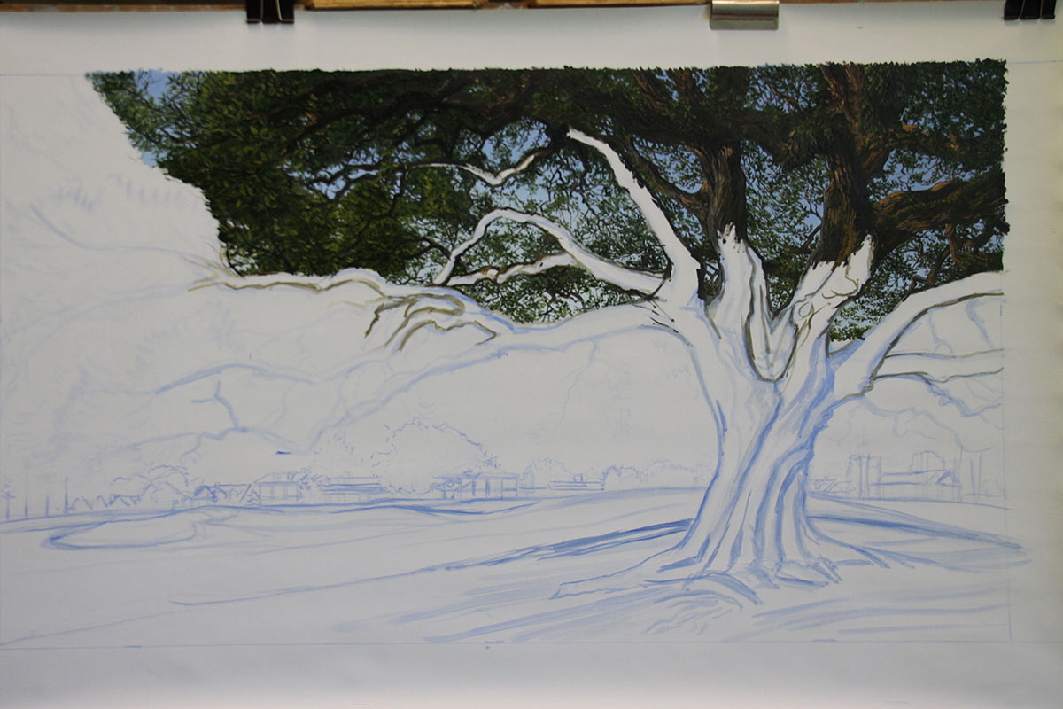 A work-in-progress painting of the 18th hole at Clubhouse, Augusta National by renowned Hilton Head Island artist Linda Hartough