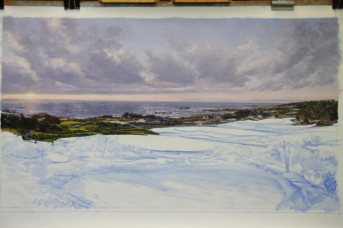 A work-in-progress painting of the 3rd hole at Spy Glass Hill by renowned Hilton Head Island artist Linda Hartough
