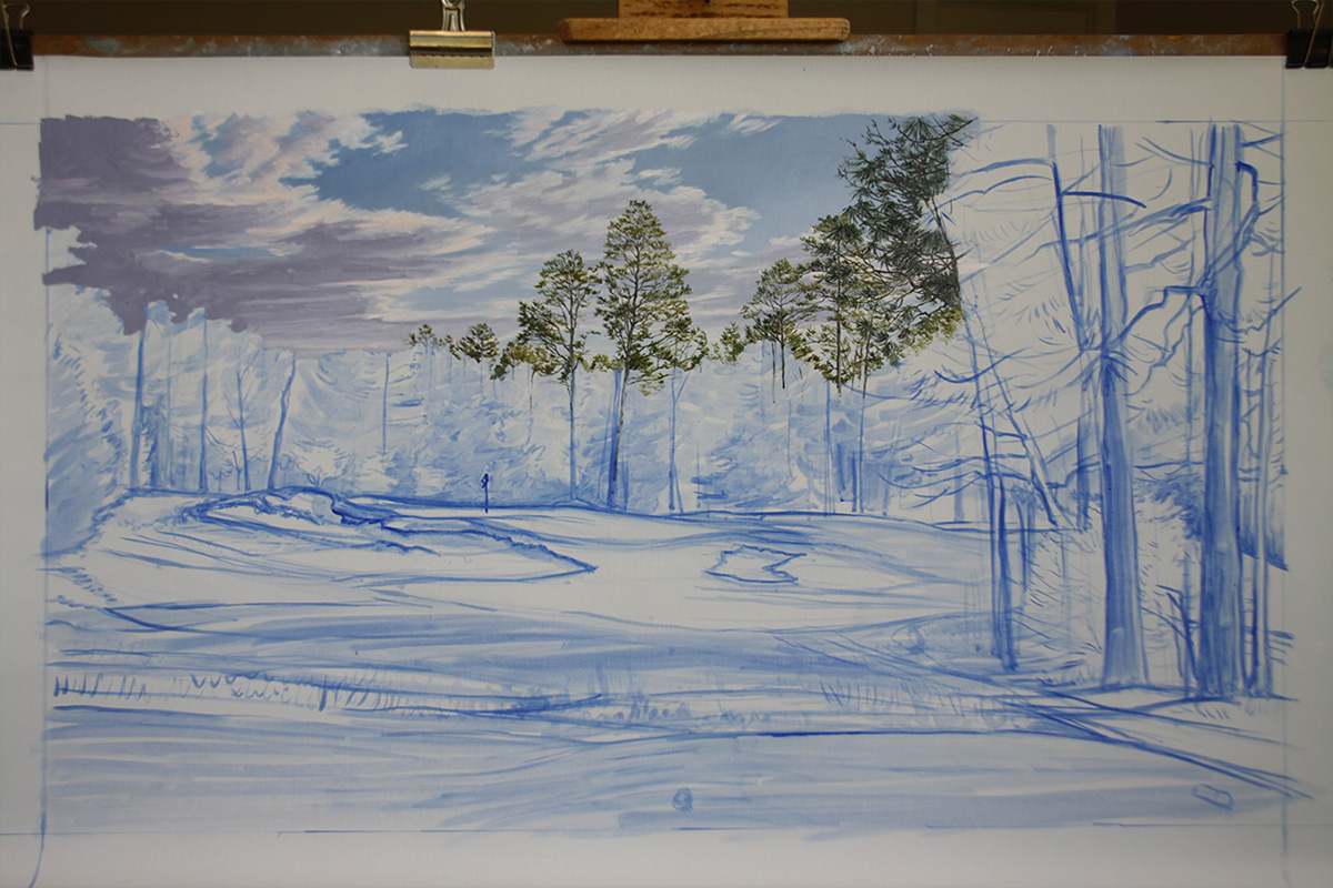 A work-in-progress painting of the 5th hole at Pinehurst, 2014 US Open Championship by renowned Hilton Head Island artist Linda Hartough