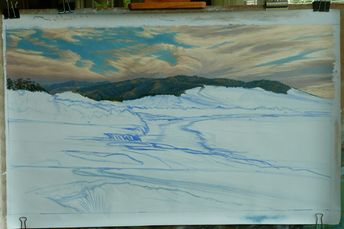 A work-in-progress painting of the 9th hole at Pebble Beach, 2010 US Open Championship by renowned Hilton Head Island artist Linda Hartough