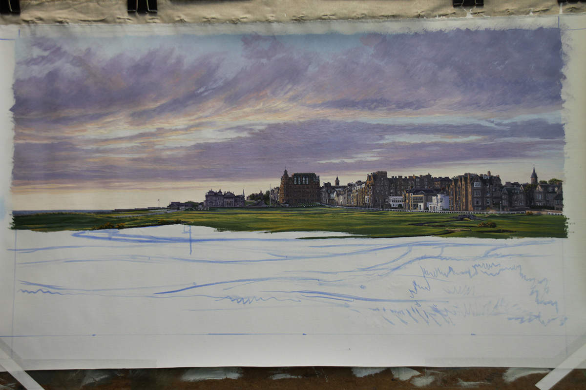 A work-in-progress painting of the 1st hole at St Andrews (Old Course) by renowned Hilton Head Island artist Linda Hartough