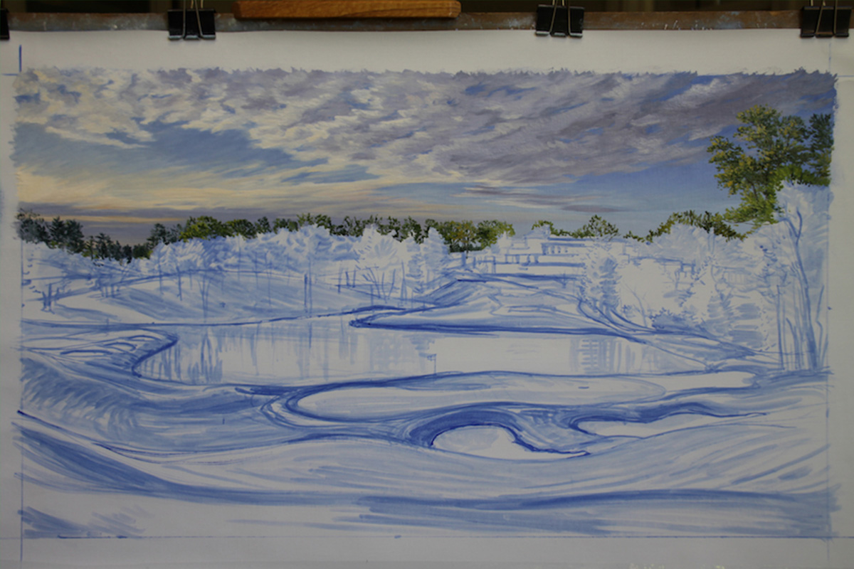 A work-in-progress painting of the 10th hole at Congressional, 2011 US Open Championship by renowned Hilton Head Island artist Linda Hartough
