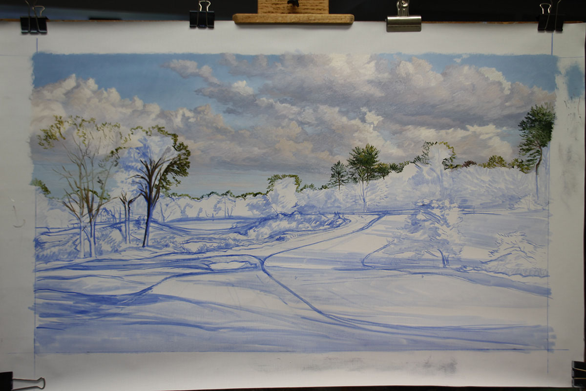 A work-in-progress painting of the 16th hole at Merion, 2013 US Open Championship by renowned Hilton Head Island artist Linda Hartough