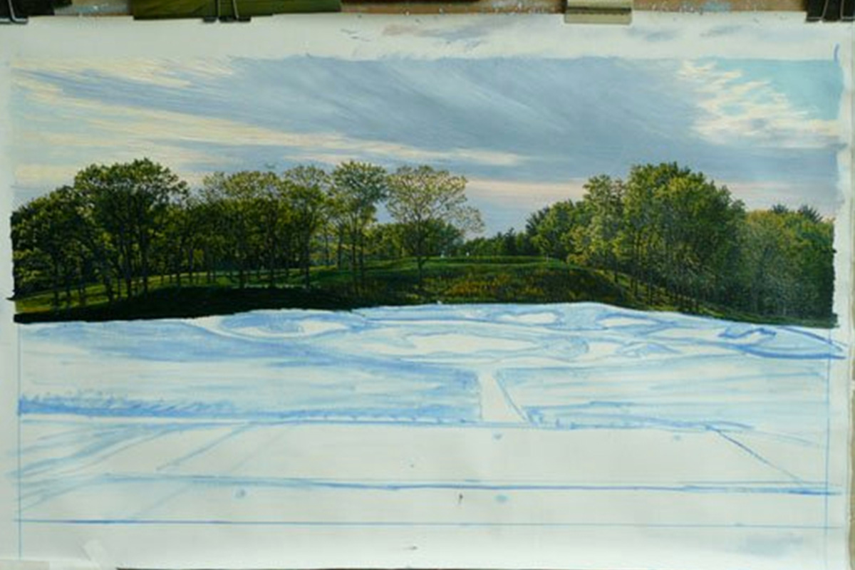 A work-in-progress painting of the 17th hole at Bethpage, 2009 US Open Championship by renowned Hilton Head Island artist Linda Hartough