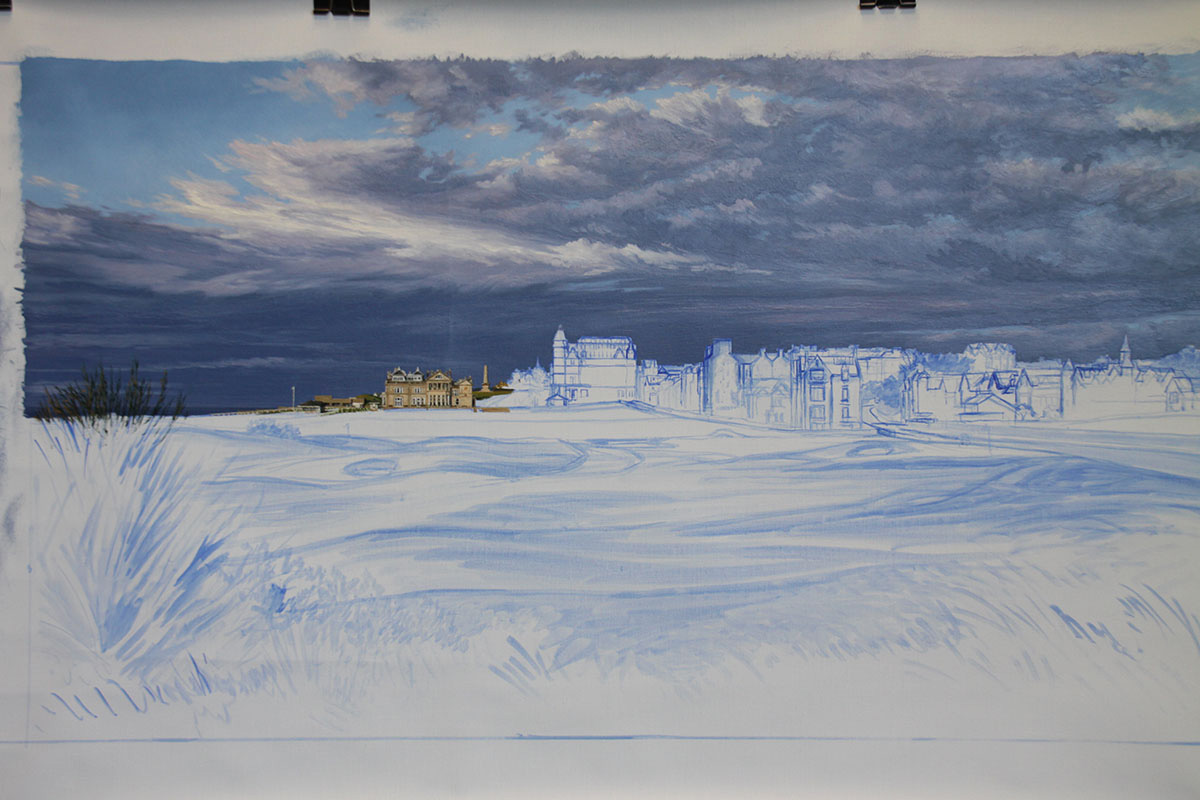A work-in-progress painting of the 17th hole at Road Hole, St Andrews by renowned Hilton Head Island artist Linda Hartough
