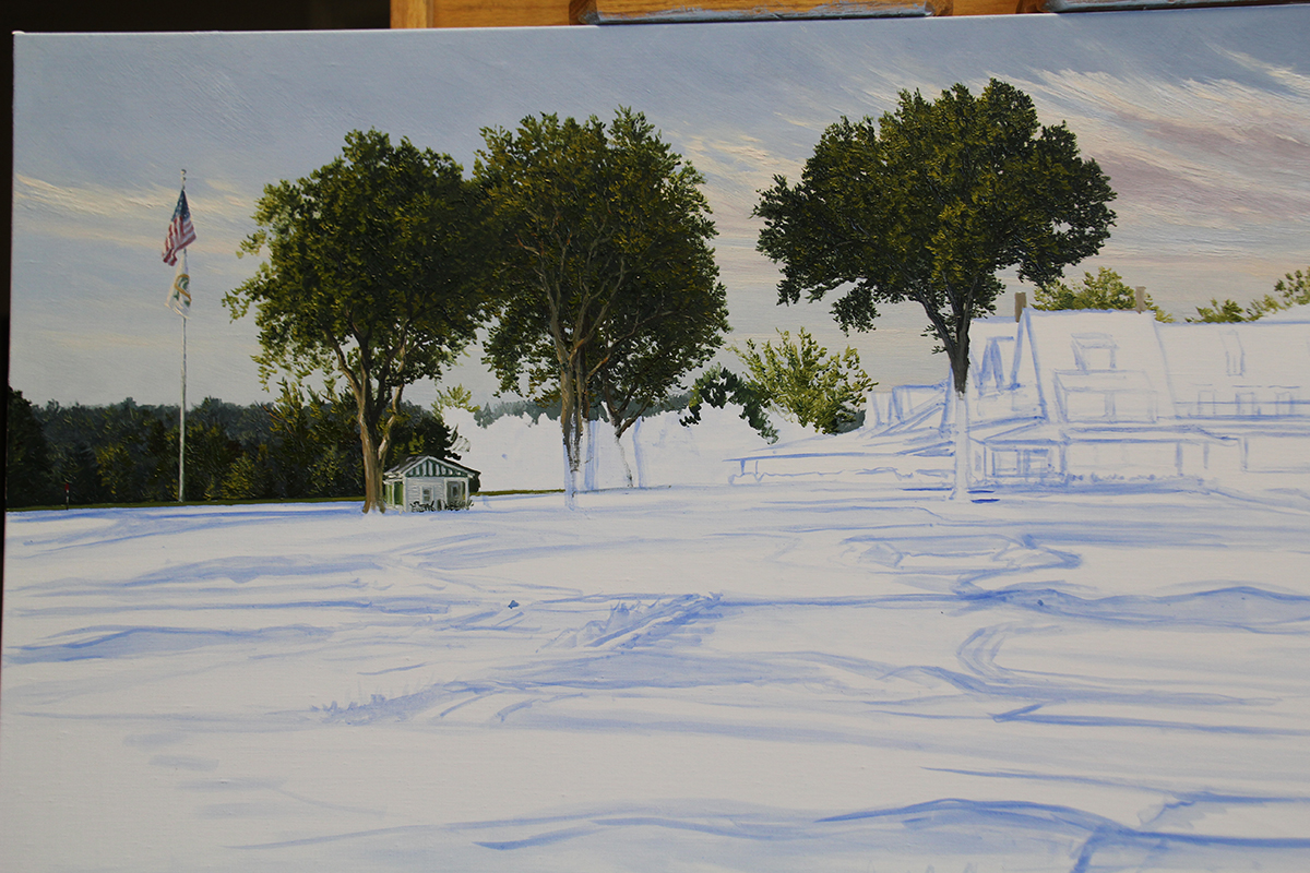 A work-in-progress painting of the 18th hole at Oakmont Country Club by renowned Hilton Head Island artist Linda Hartough