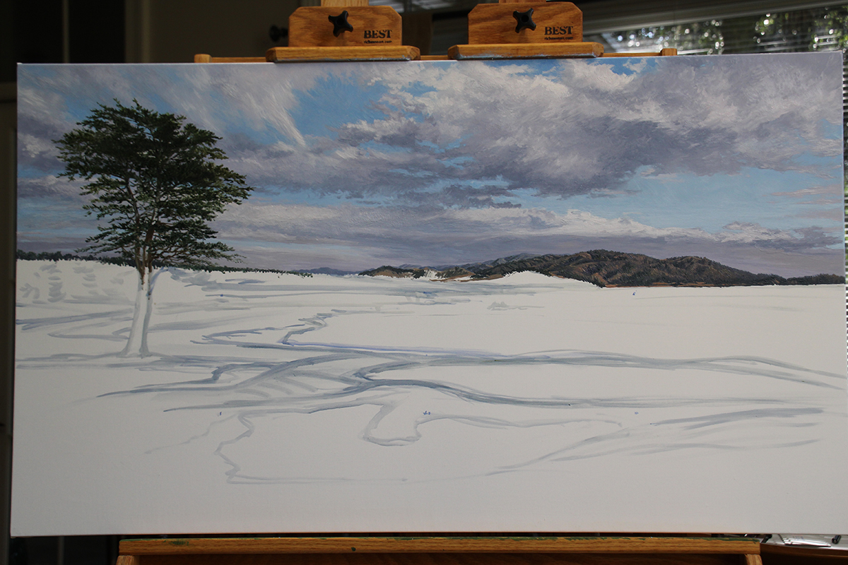A work-in-progress painting of the 18th hole at Pebble Beach by renowned Hilton Head Island artist Linda Hartough