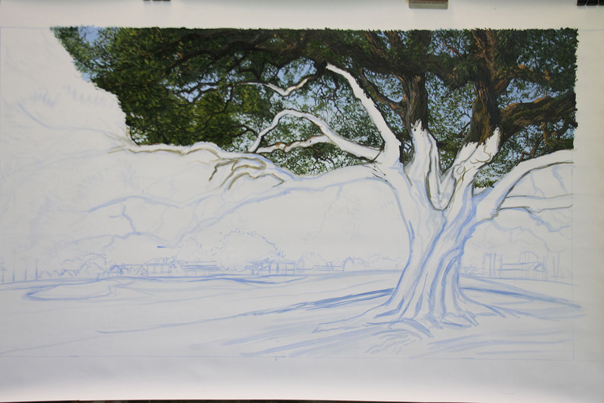 A work-in-progress painting of the 18th hole at Clubhouse, Augusta National by renowned Hilton Head Island artist Linda Hartough