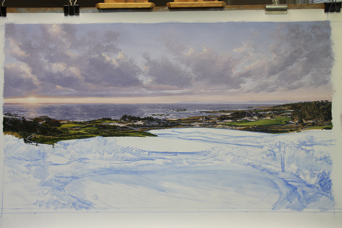A work-in-progress painting of the 3rd hole at Spy Glass Hill by renowned Hilton Head Island artist Linda Hartough