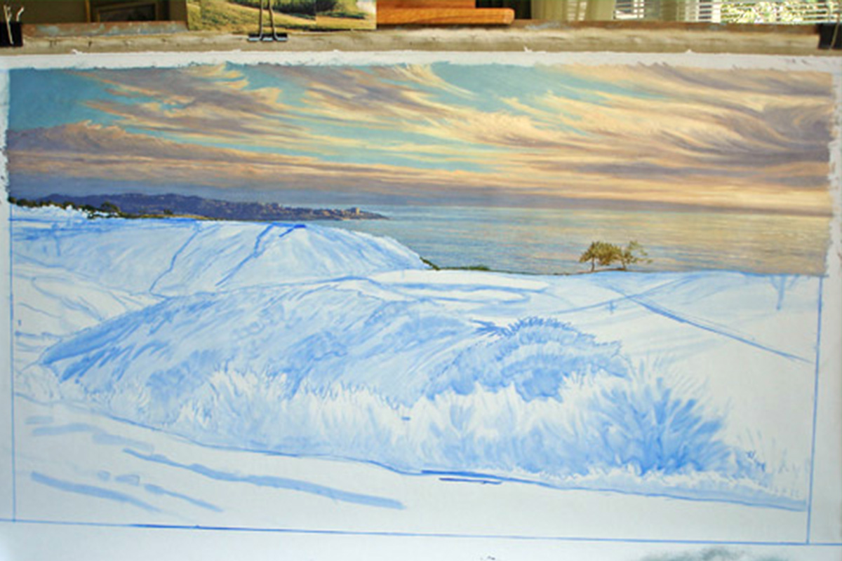 A work-in-progress painting of the 3rd hole at Torrey Pines, 2008 US Open Championship by renowned Hilton Head Island artist Linda Hartough