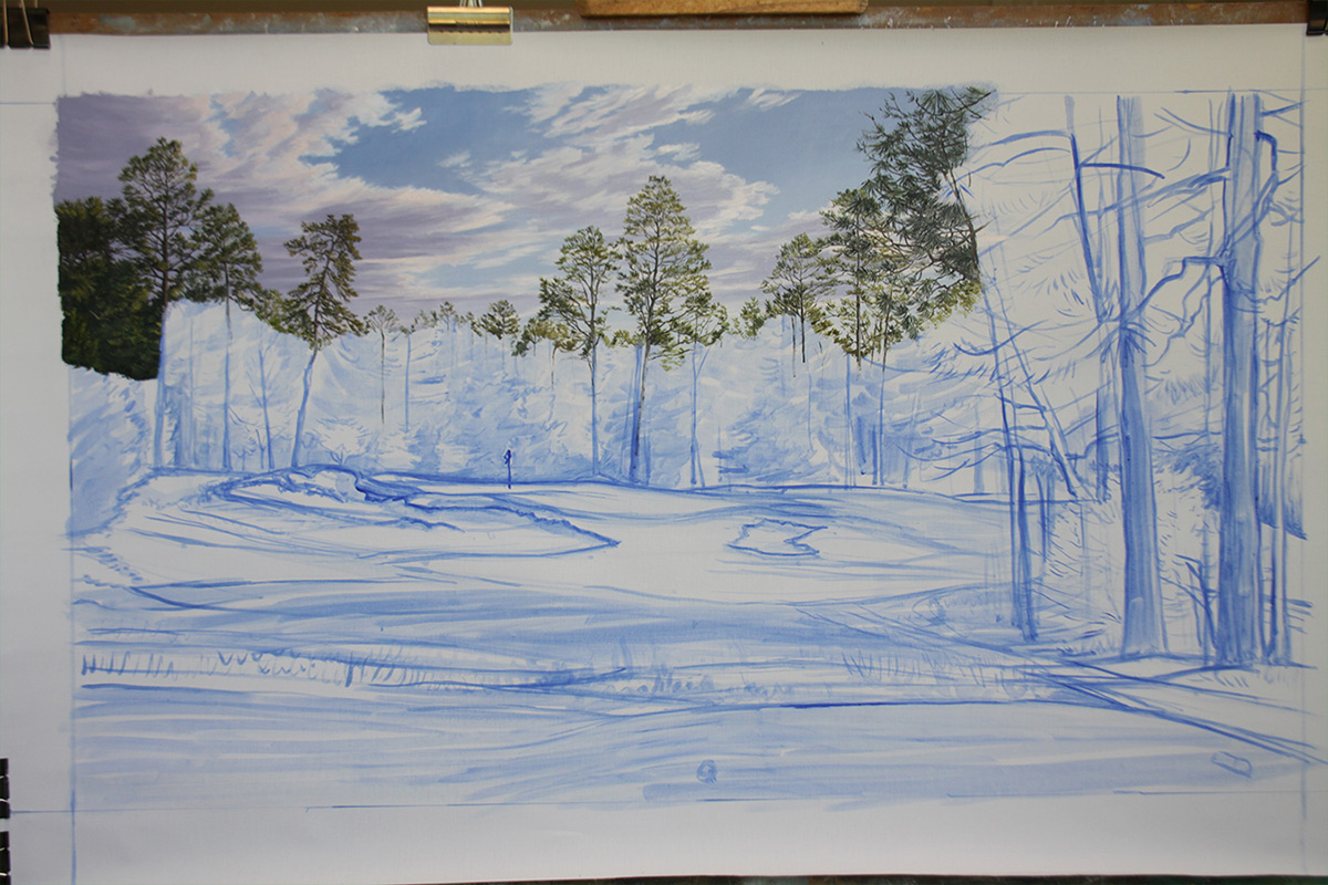 A work-in-progress painting of the 5th hole at Pinehurst, 2014 US Open Championship by renowned Hilton Head Island artist Linda Hartough