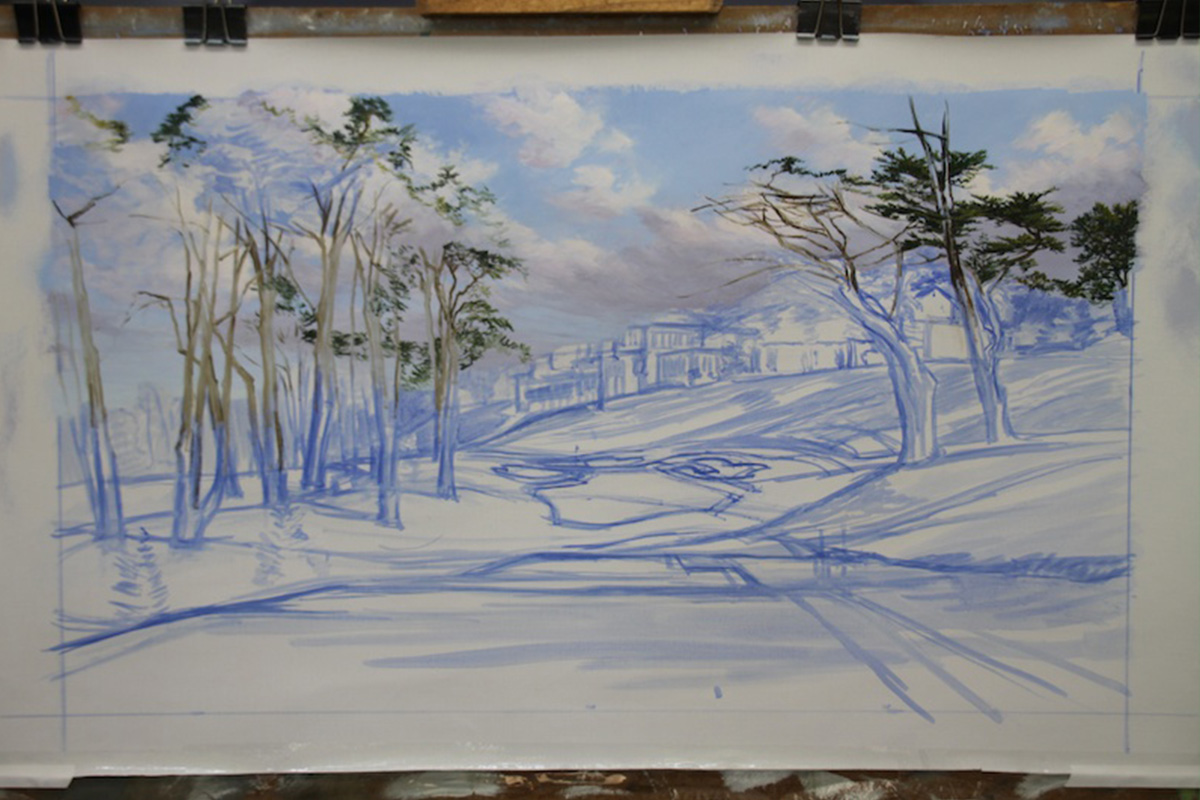 A work-in-progress painting of the 8th hole at Olympic, 2012 US Open Championship by renowned Hilton Head Island artist Linda Hartough