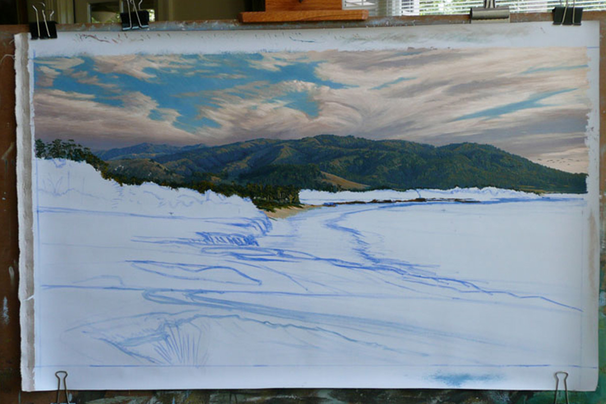 A work-in-progress painting of the 9th hole at Pebble Beach, 2010 US Open Championship by renowned Hilton Head Island artist Linda Hartough