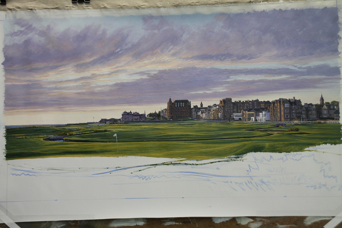 A work-in-progress painting of the 1st hole at St Andrews (Old Course) by renowned Hilton Head Island artist Linda Hartough
