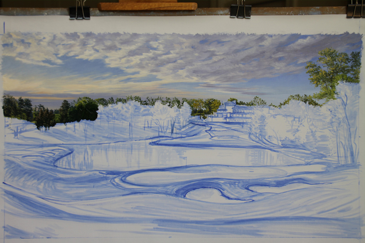 A work-in-progress painting of the 10th hole at Congressional, 2011 US Open Championship by renowned Hilton Head Island artist Linda Hartough