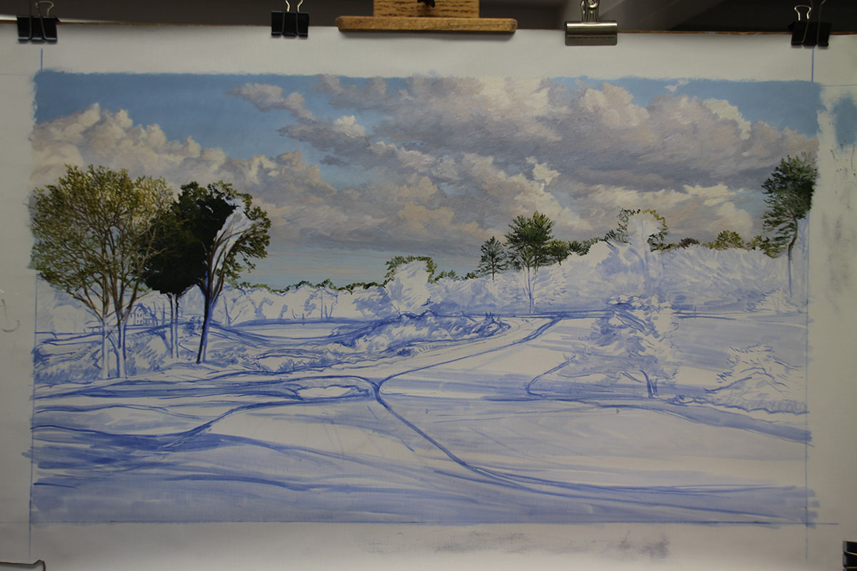 A work-in-progress painting of the 16th hole at Merion, 2013 US Open Championship by renowned Hilton Head Island artist Linda Hartough