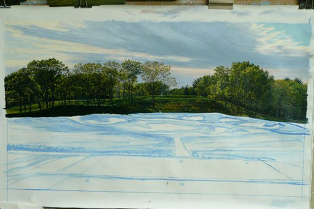 A work-in-progress painting of the 17th hole at Bethpage, 2009 US Open Championship by renowned Hilton Head Island artist Linda Hartough