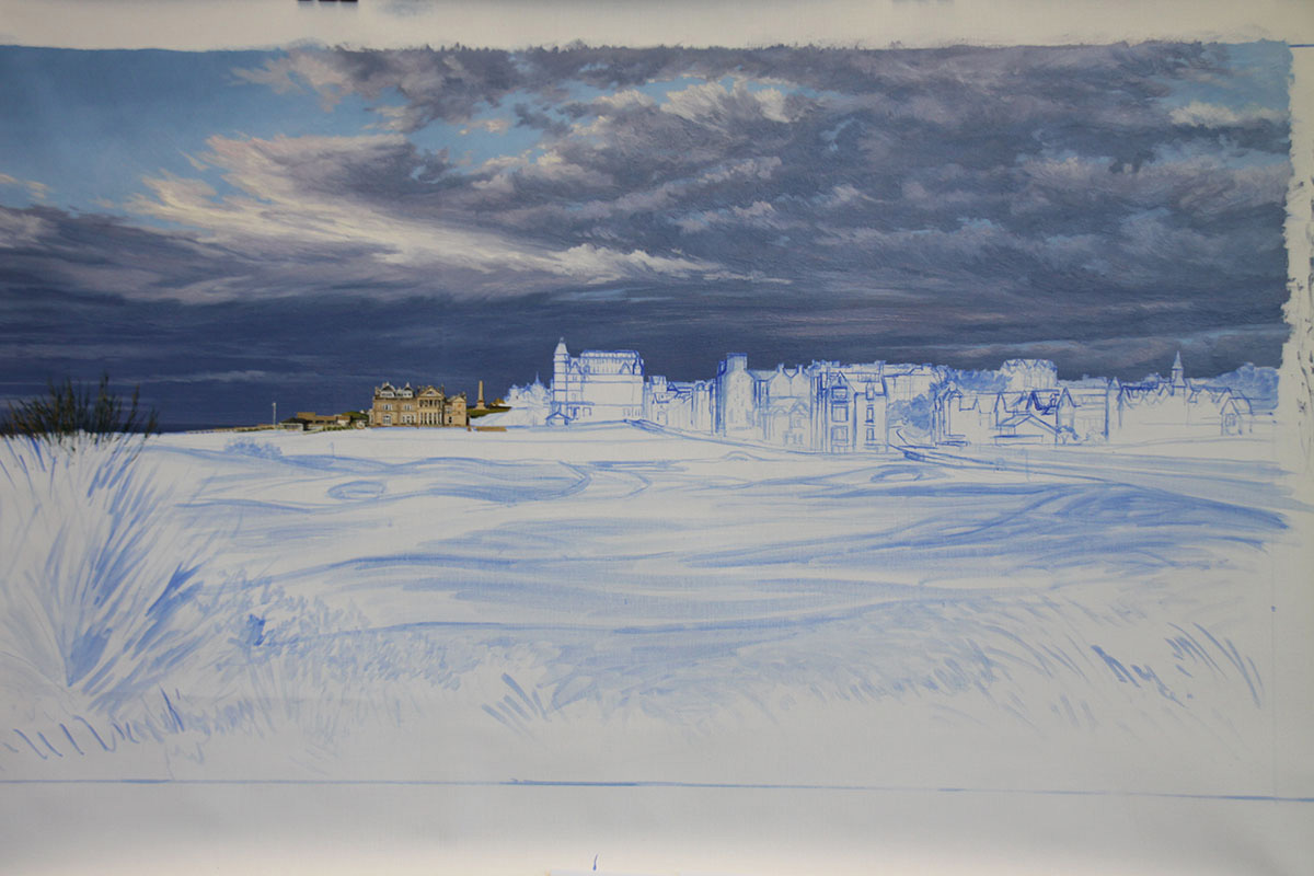 A work-in-progress painting of the 17th hole at Road Hole, St Andrews by renowned Hilton Head Island artist Linda Hartough