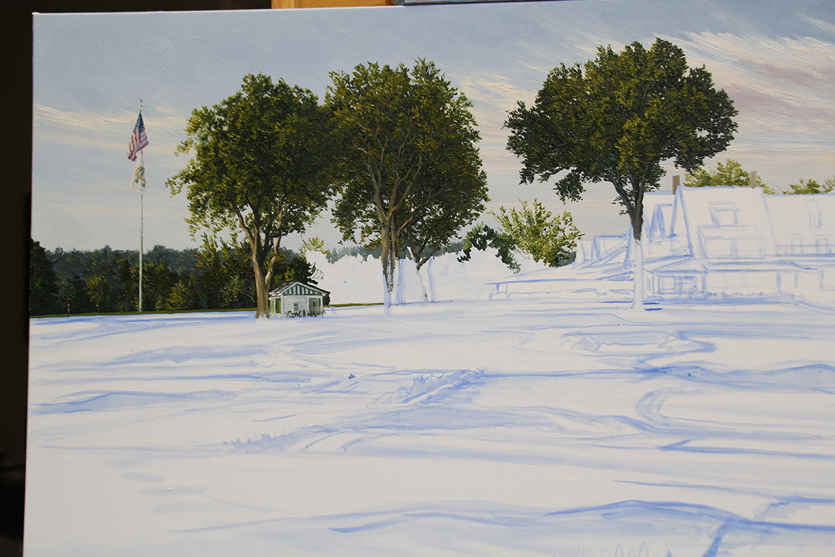 A work-in-progress painting of the 18th hole at Oakmont Country Club by renowned Hilton Head Island artist Linda Hartough