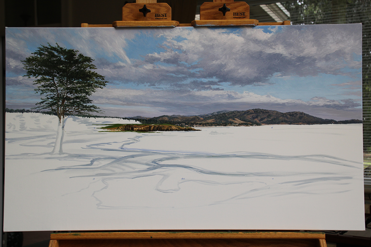 A work-in-progress painting of the 18th hole at Pebble Beach by renowned Hilton Head Island artist Linda Hartough