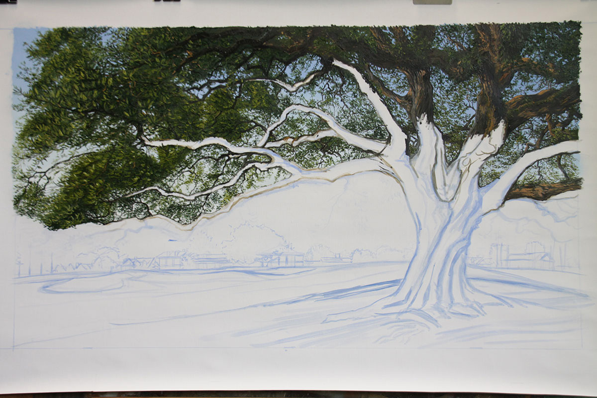 A work-in-progress painting of the 18th hole at Clubhouse, Augusta National by renowned Hilton Head Island artist Linda Hartough