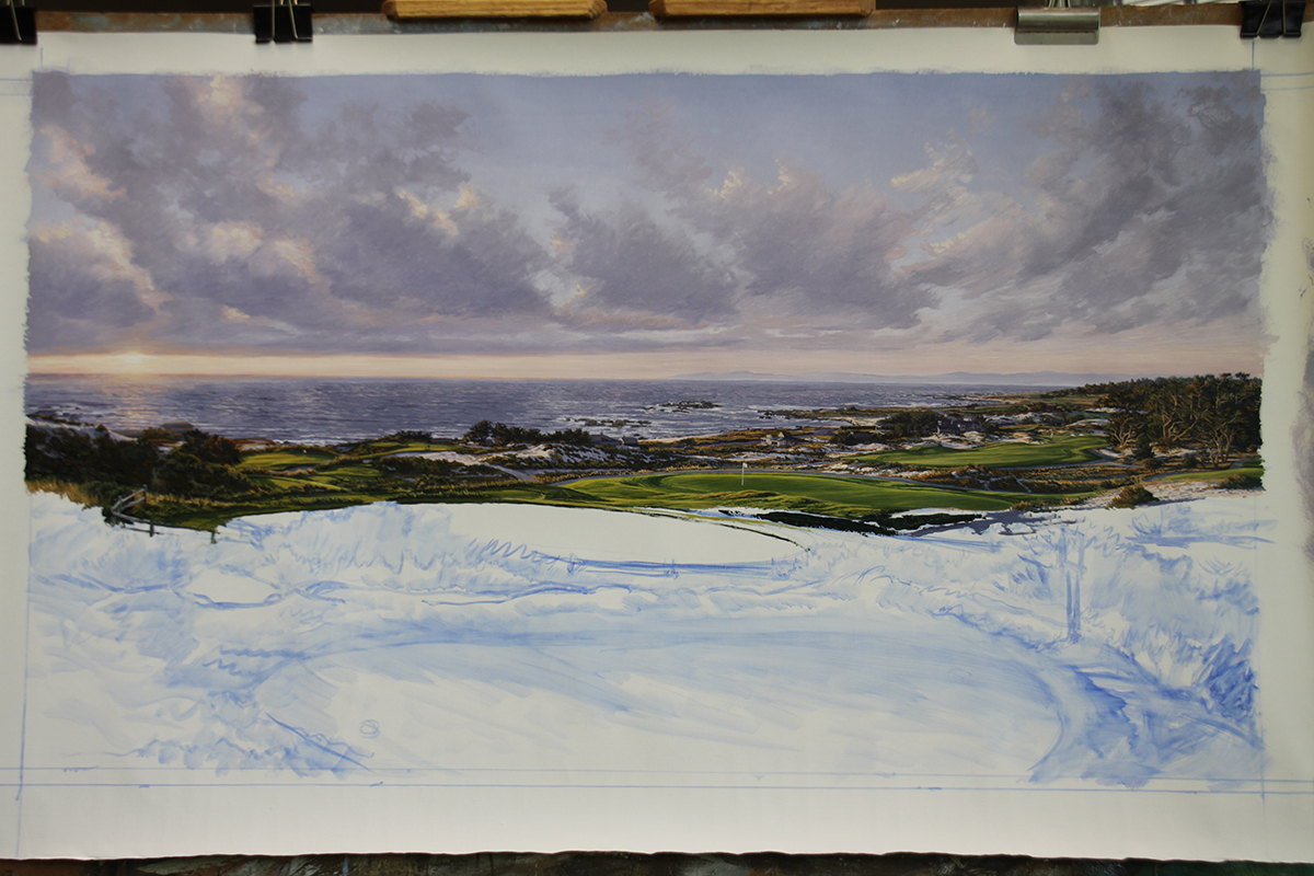 A work-in-progress painting of the 3rd hole at Spy Glass Hill by renowned Hilton Head Island artist Linda Hartough