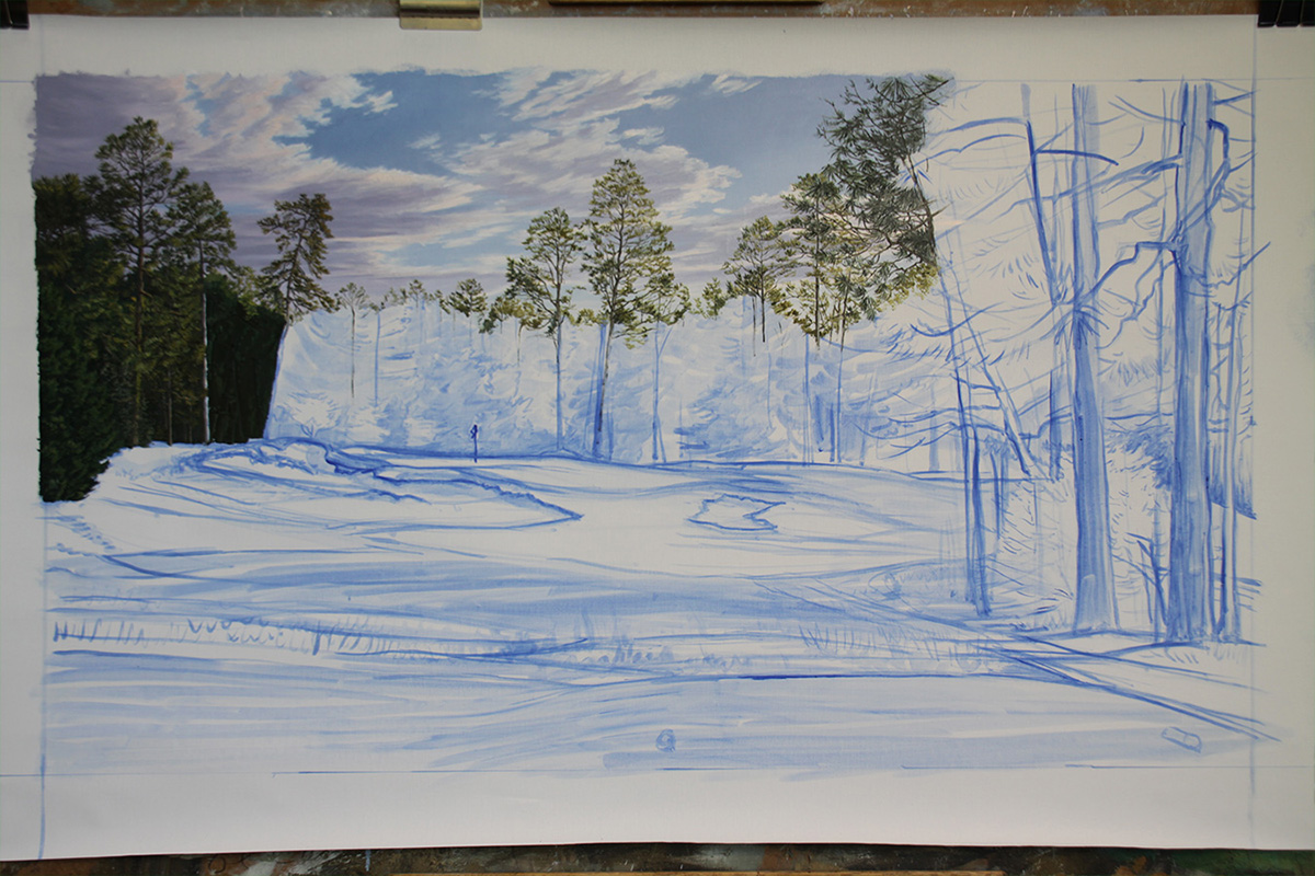A work-in-progress painting of the 5th hole at Pinehurst, 2014 US Open Championship by renowned Hilton Head Island artist Linda Hartough
