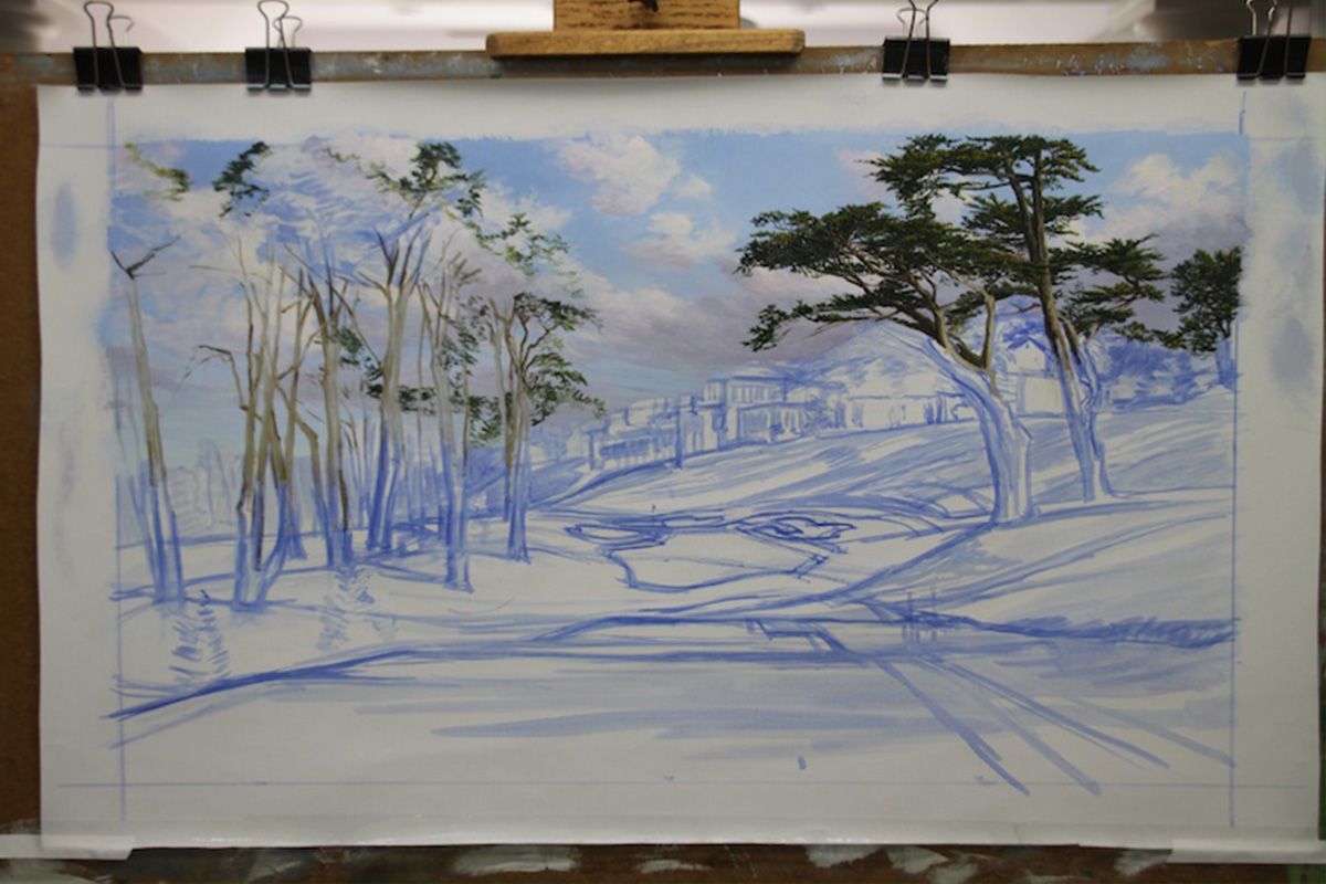 A work-in-progress painting of the 8th hole at Olympic, 2012 US Open Championship by renowned Hilton Head Island artist Linda Hartough
