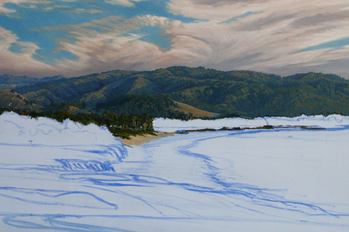 A work-in-progress painting of the 9th hole at Pebble Beach, 2010 US Open Championship by renowned Hilton Head Island artist Linda Hartough