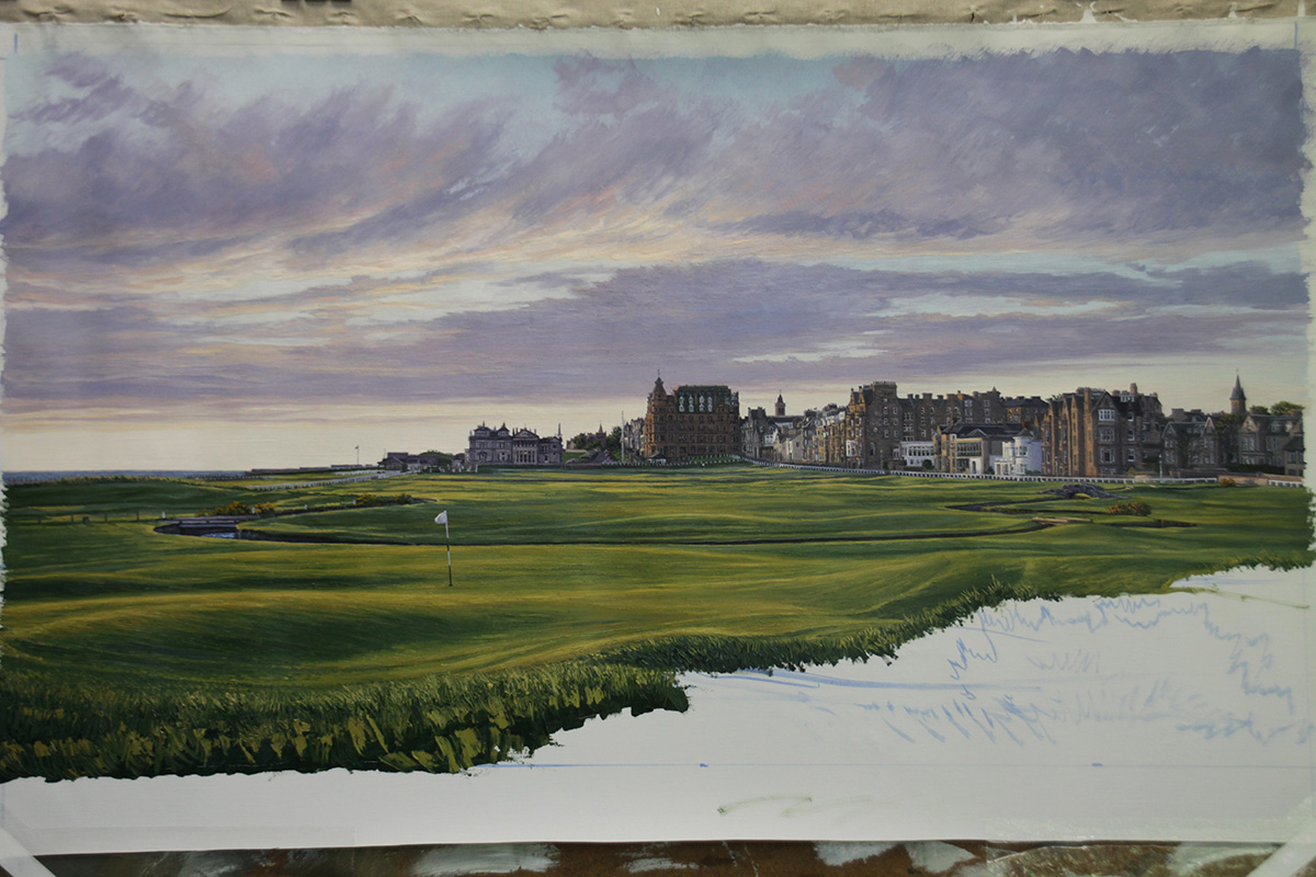 A work-in-progress painting of the 1st hole at St Andrews (Old Course) by renowned Hilton Head Island artist Linda Hartough