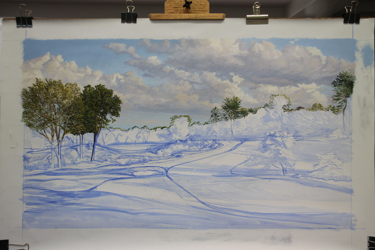 A work-in-progress painting of the 16th hole at Merion, 2013 US Open Championship by renowned Hilton Head Island artist Linda Hartough