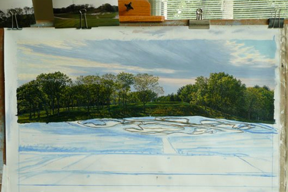 A work-in-progress painting of the 17th hole at Bethpage, 2009 US Open Championship by renowned Hilton Head Island artist Linda Hartough