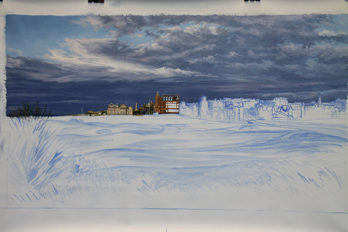 A work-in-progress painting of the 17th hole at Road Hole, St Andrews by renowned Hilton Head Island artist Linda Hartough