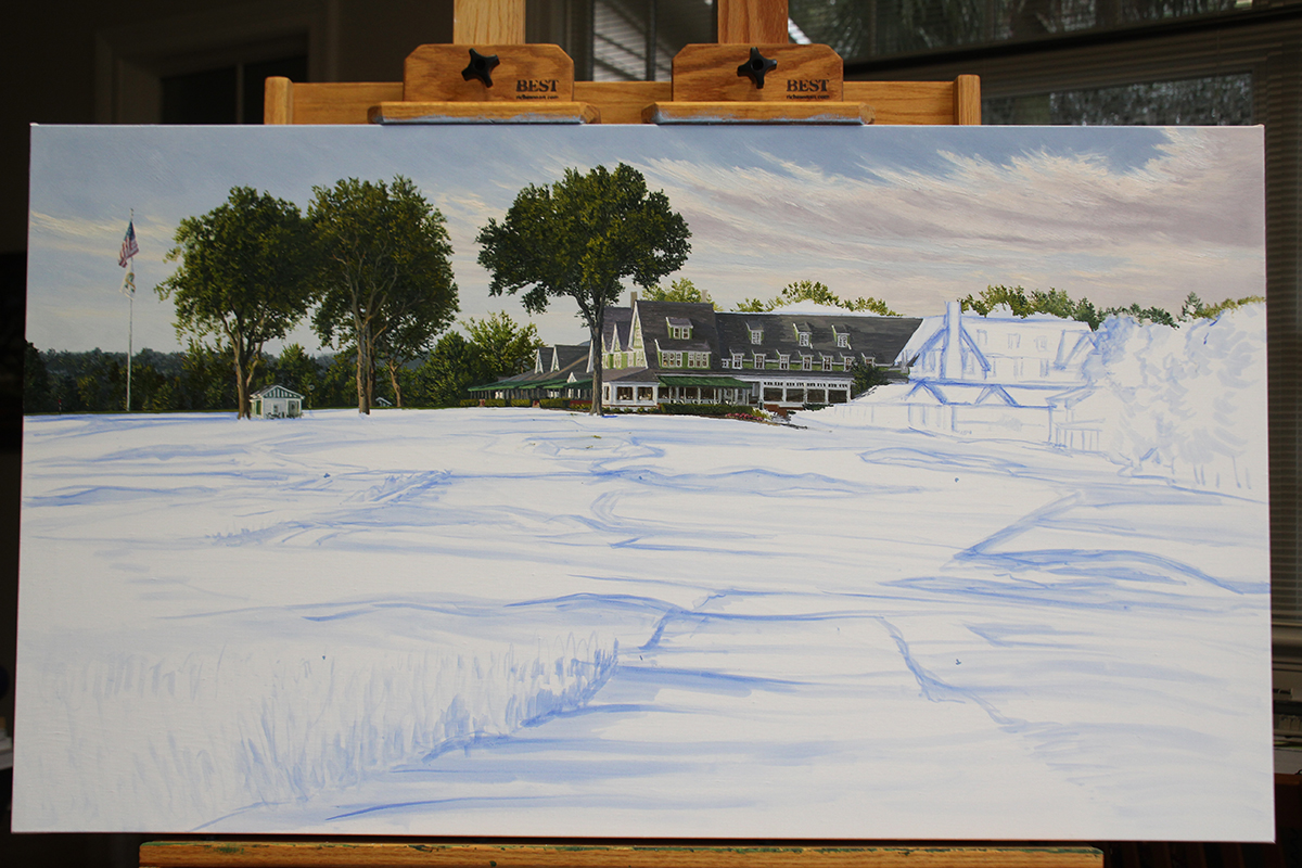 A work-in-progress painting of the 18th hole at Oakmont Country Club by renowned Hilton Head Island artist Linda Hartough