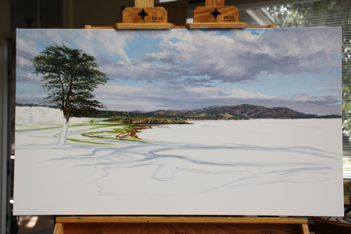 A work-in-progress painting of the 18th hole at Pebble Beach by renowned Hilton Head Island artist Linda Hartough