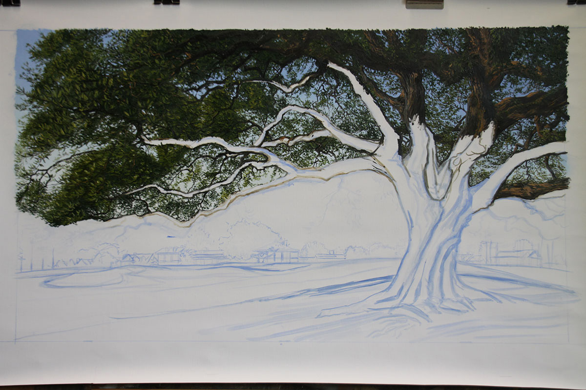 A work-in-progress painting of the 18th hole at Clubhouse, Augusta National by renowned Hilton Head Island artist Linda Hartough