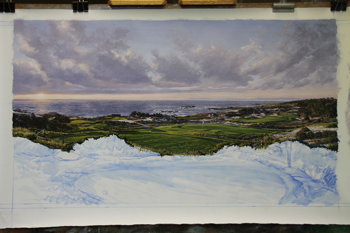 A work-in-progress painting of the 3rd hole at Spy Glass Hill by renowned Hilton Head Island artist Linda Hartough