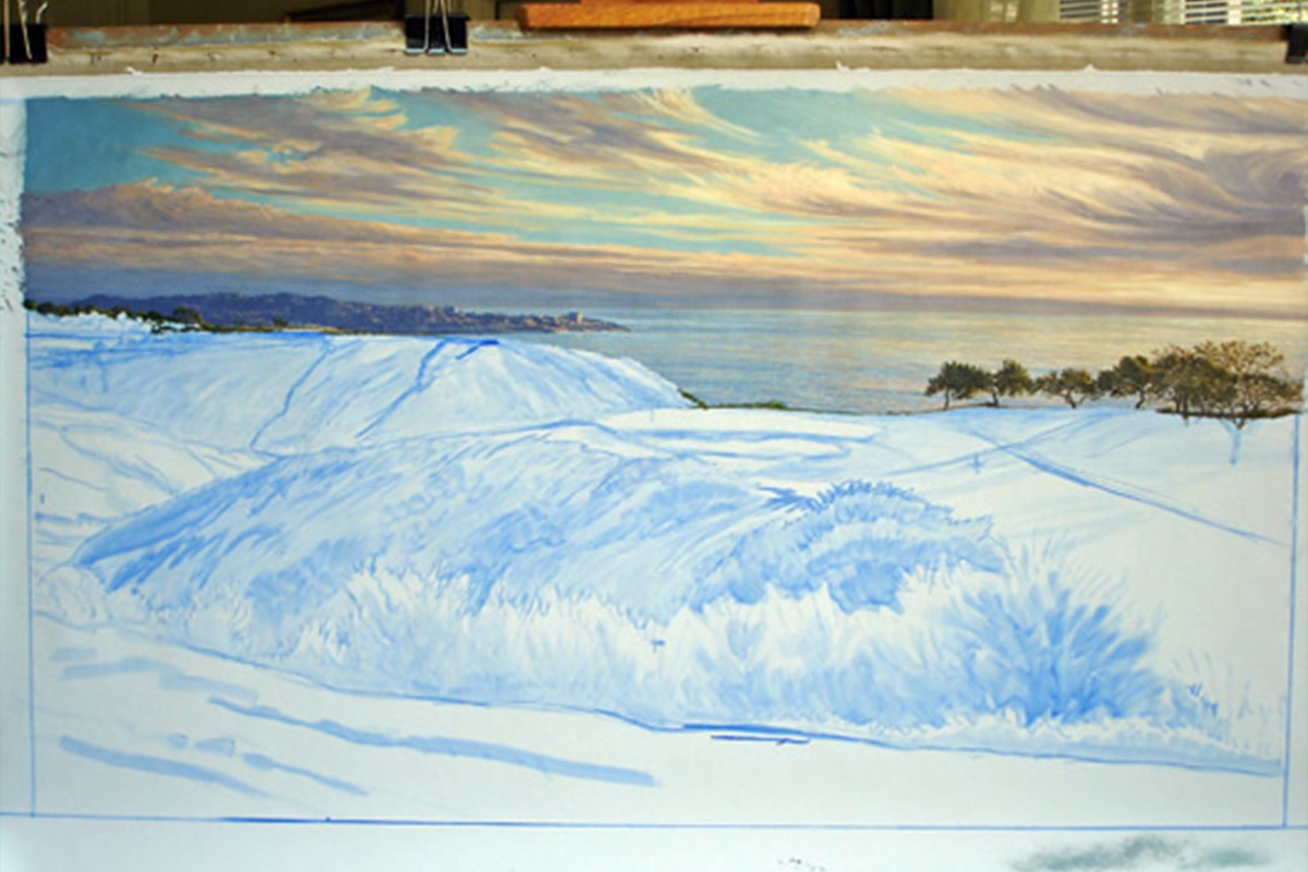 A work-in-progress painting of the 3rd hole at Torrey Pines, 2008 US Open Championship by renowned Hilton Head Island artist Linda Hartough