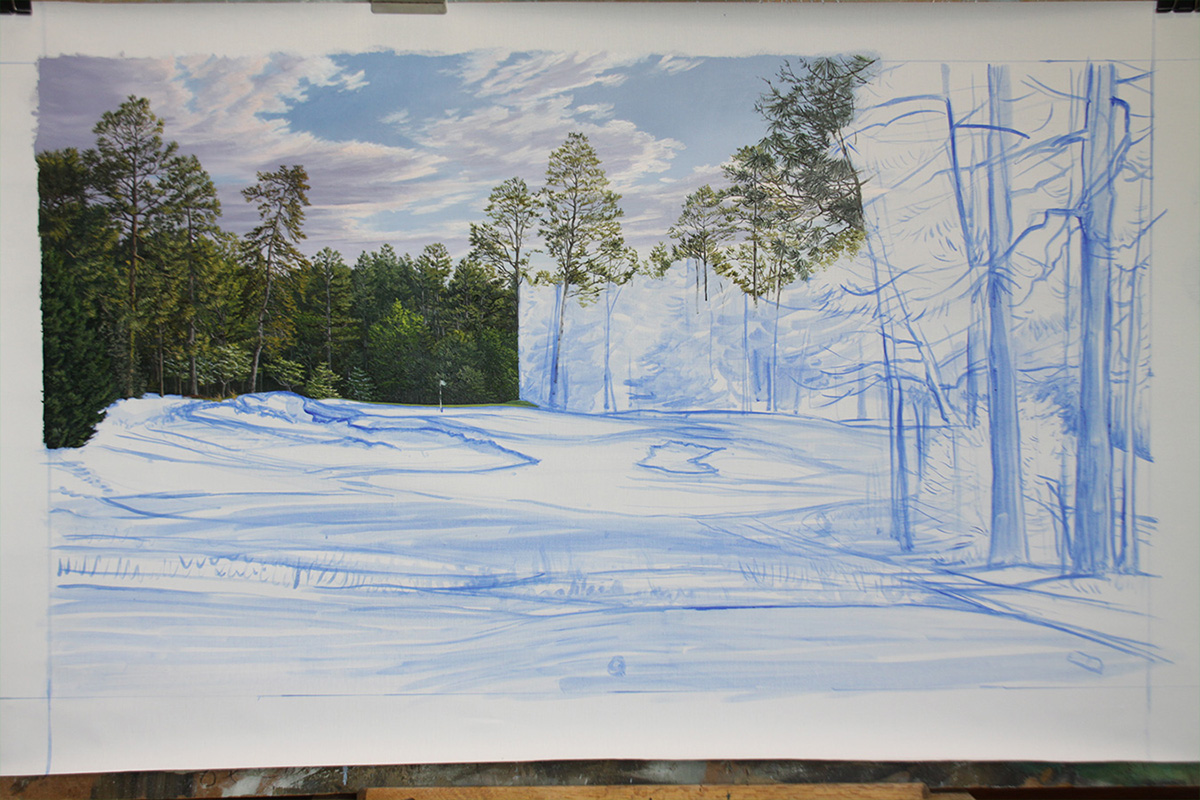 A work-in-progress painting of the 5th hole at Pinehurst, 2014 US Open Championship by renowned Hilton Head Island artist Linda Hartough