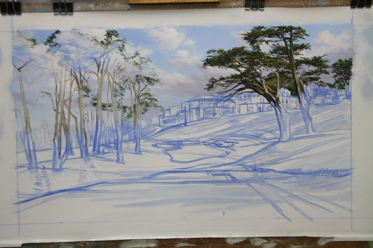 A work-in-progress painting of the 8th hole at Olympic, 2012 US Open Championship by renowned Hilton Head Island artist Linda Hartough