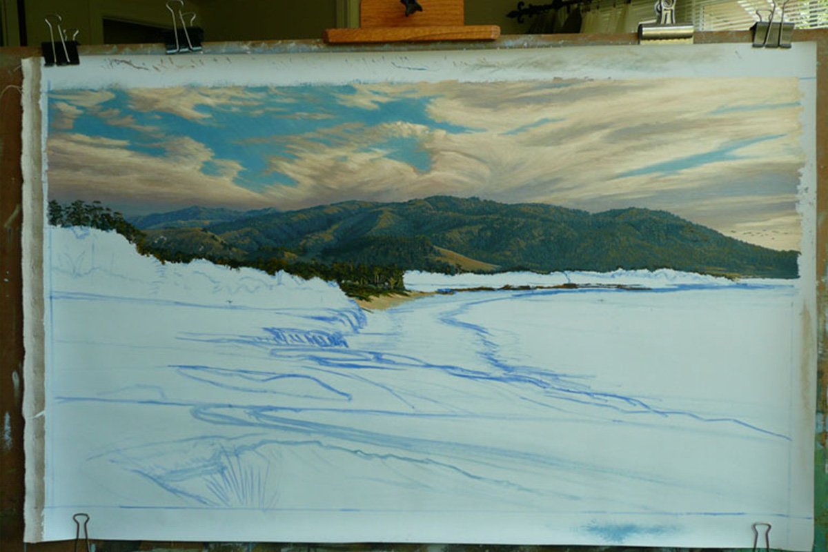 A work-in-progress painting of the 9th hole at Pebble Beach, 2010 US Open Championship by renowned Hilton Head Island artist Linda Hartough